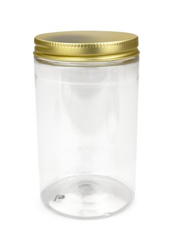 400 ml PET-Cylindrical Zylinderdose klar (70/400) – Alu-Deckel gold, matt, EPE-Einlage