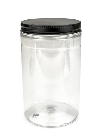 400 ml PET-Cylindrical Zylinderdose klar (70/400) – Alu-Deckel schwarz-silber, matt, EPE-Einlage
