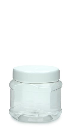 400 ml PET-Weithalstiegel 82 klar, achteckig (82 RTS) – Deckel weiß, glänzend, Dichtkonus
