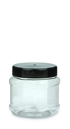 400 ml PET-Weithalstiegel 82 klar, achteckig (82 RTS) – Deckel schwarz, glänzend, Dichtkonus