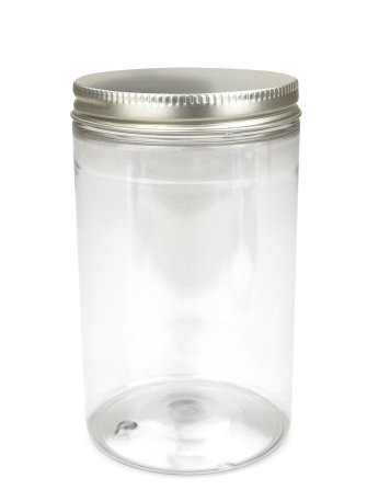 400 ml R-PET-Cylindrical Zylinderdose klar (70/400) – Alu-Deckel silber, glänzend, EPE-Einlage