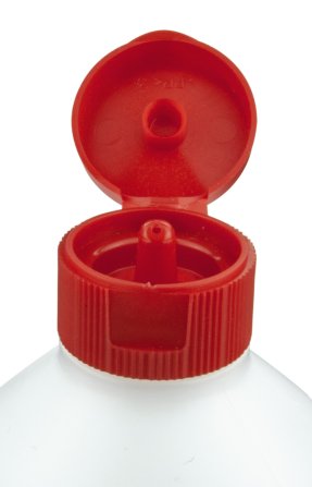 500 ml PE-HD-Flasche natur, Ø 64,0 mm, Klappverschluss rot