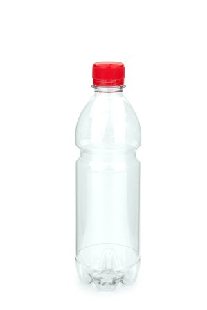 500 ml PET-Lebensmittelflasche transparent, Ø 64,0 mm, Verschluss rot