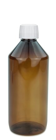 500 ml PET-Laborflasche Spritzeinsatz braun, Ø 69,5 mm, Verschluss weiß