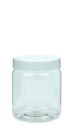500 ml PET-Weithalstiegel 82 klar, rund (82 RTS) – Deckel weiß, glänzend, Dichtkonus