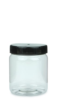 500 ml PET-Weithalstiegel 82 klar, rund (82 RTS) – Deckel schwarz, glänzend, Dichtkonus