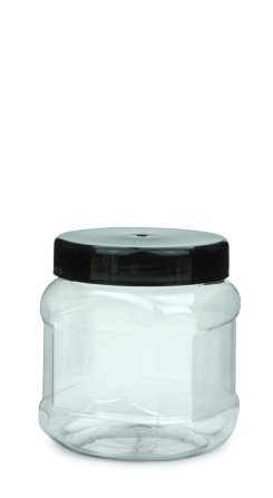 500 ml PET-Weithalstiegel 82 klar, achteckig (82 RTS) – Deckel schwarz, glänzend, Dichtkonus