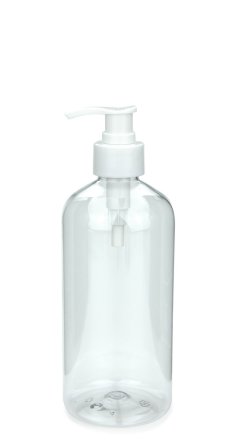 500 ml R-PET-Flasche transparent, Ø 70,0 mm, Seifenpumpe weiß
