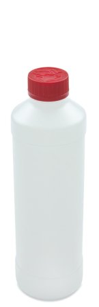 500 ml PE-HD-Flasche weiß, Ø 64,0 mm, Schraubverschluss mit Kindersicherung rot