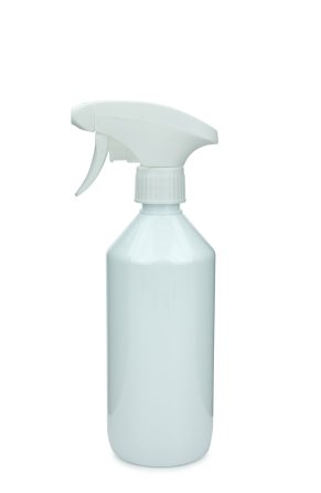 500 ml PET-Flasche weiß, Ø 69,5 mm, Metallfreie Trigger-Sprühpistole weiß, geriffelt