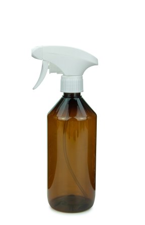 500 ml PET-Flasche braun, Ø 69,5 mm, Metallfreie Trigger-Sprühpistole weiß, geriffelt