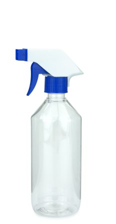 500 ml PET-Flasche transparent, Ø 69,5 mm, Trigger-Sprühpistole, Einzelmodus blau, geriffelt