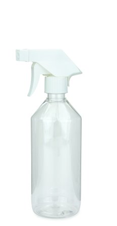 500 ml PET-Flasche transparent, Ø 69,5 mm, Trigger-Sprühpistole, Einzelmodus weiß, geriffelt