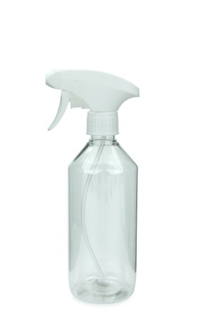 500 ml PET-Flasche transparent, Ø 69,5 mm, Metallfreie Trigger-Sprühpistole weiß, geriffelt