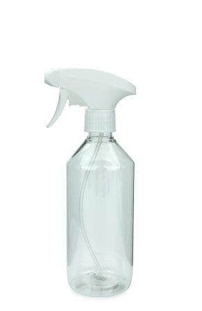 500 ml PET-Flasche Leichtgewicht transparent, Ø 69,5 mm, Metallfreie Trigger-Sprühpistole weiß, geriffelt