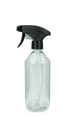 500 ml PET-Flasche Leichtgewicht transparent, Ø 69,5 mm, Metallfreie Trigger-Sprühpistole schwarz, geriffelt