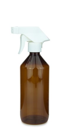 500 ml PET-Flasche braun, Ø 69,5 mm, Trigger-Sprühpistole, Einzelmodus weiß, geriffelt