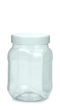700 ml PET-Weithalstiegel 82 klar, achteckig (82 RTS) – Deckel weiß, glänzend, Dichtkonus