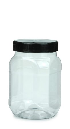 700 ml PET-Weithalstiegel 82 klar, achteckig (82 RTS) – Deckel schwarz, glänzend, Dichtkonus
