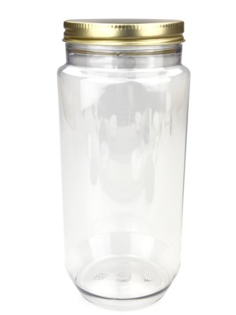 750 ml PET-Cylindrical Zylinderdose klar (70/400) – Alu-Deckel gold, matt, EPE-Einlage