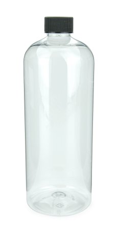 750 ml R-PET-Flasche transparent, Ø 76,0 mm, Schraubverschluss mit Dichtkonus schwarz