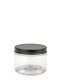 150 ml PET-Cylindrical Zylinderdose klar (70/400) – Alu-Deckel schwarz-silber, matt, EPE-Einlage