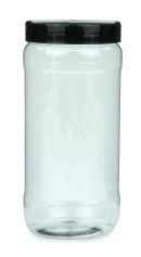1.000 ml PET-Weithalstiegel 82 klar, rund mit Etikettierfeld (82 RTS) – Deckel schwarz, glänzend, Dichtkonus