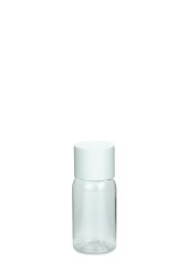 25 ml PET-Flasche transparent, Ø 28,5 mm, doppelwandiger Verschluss, kantig weiß