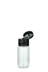 30 ml PETG-Flasche transparent, Ø 29,5 mm, Klappverschluss schwarz