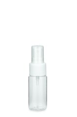 30 ml PETG-Flasche transparent, Ø 29,5 mm, Sprühzerstäuber weiß, geriffelt