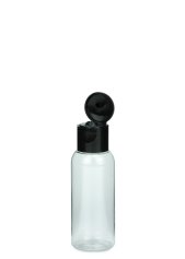 35 ml PET-Flasche transparent, Ø 28,5 mm, Klappverschluss schwarz