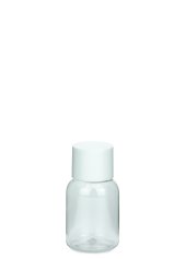35 ml PET-Flasche transparent, Ø 34,0 mm, doppelwandiger Verschluss, kantig weiß