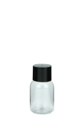 35 ml PET-Flasche transparent, Ø 34,0 mm, doppelwandiger Verschluss, kantig schwarz