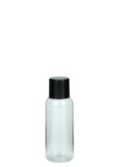 35 ml PET-Flasche transparent, Ø 28,5 mm, Schraubverschluss (Mini-Gewinde) schwarz