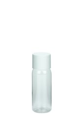 35 ml PET-Flasche transparent, Ø 28,5 mm, doppelwandiger Verschluss, kantig weiß