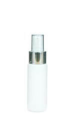 50 ml PETG-Flasche weiß, Ø 32,0 mm, Lotionpumpe weiß/Metall
