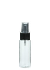 50 ml PETG-Flasche transparent, Ø 32 mm, Sprühzerstäuber schwarz, geriffelt