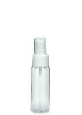 50 ml PETG-Flasche transparent, Ø 32 mm, Sprühzerstäuber weiß, glatt