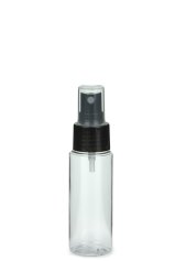 50 ml PETG-Flasche transparent, Ø 32 mm, Sprühzerstäuber schwarz, glatt
