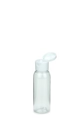 60 ml R-PET-Flasche transparent, Ø 34,3 mm, Klappverschluss weiß