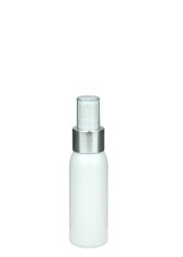 60 ml R-PET-Flasche weiß, Ø 34,3 mm, Lotionpumpe weiß/Metall