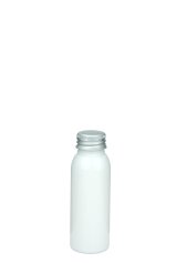 60 ml R-PET-Flasche weiß, Ø 34,3 mm, Alu-Schraubkappe weiß