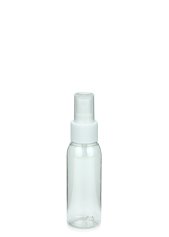 60 ml R-PET-Flasche transparent, Ø 34,3 mm, Sprühzerstäuber weiß, geriffelt