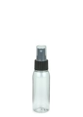60 ml R-PET-Flasche transparent, Ø 34,3 mm, Sprühzerstäuber schwarz, geriffelt