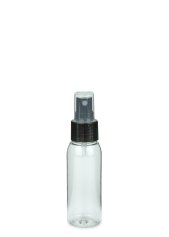 60 ml R-PET-Flasche transparent, Ø 34,3 mm, Sprühzerstäuber schwarz