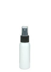 60 ml R-PET-Flasche weiß, Ø 34,3 mm, Sprühzerstäuber schwarz, geriffelt