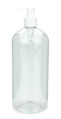 1000 ml R-PET-Flasche transparent, Ø 87,0 mm, Seifenpumpe weiß