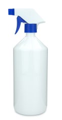 1000 ml PET-Flasche weiß, Ø 88,5 mm, Trigger-Sprühpistole, Einzelmodus blau, geriffelt