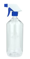 1000 ml PET-Flasche transparent, Ø 88,5 mm, Trigger-Sprühpistole, Einzelmodus blau, geriffelt