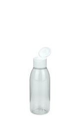 100 ml R-PET-Flasche transparent, Ø 41,9 mm, Klappverschluss, Softline matt weiß